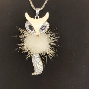 Charming Charlie Fox Pendant Necklace Rhinestone Faux Fur Accents 27"-29"